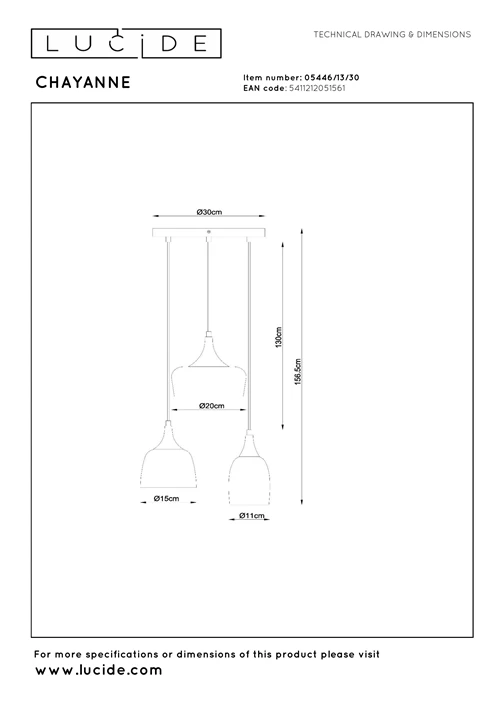 Lucide CHAYANNE - Suspension - Ø 30 cm - 3xE14 - Noir - technique